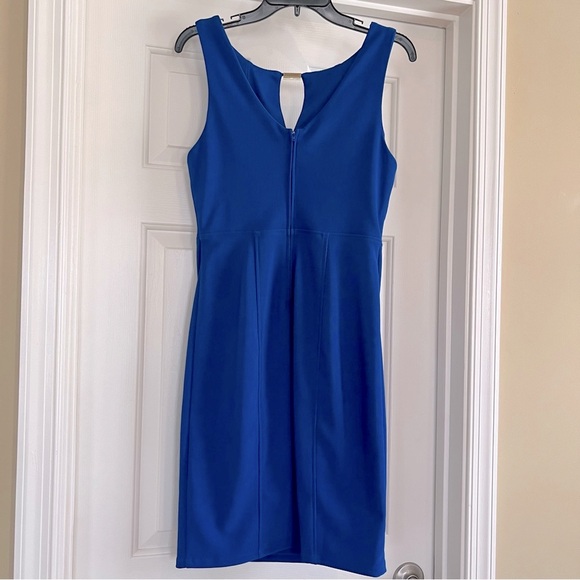 Royal Blue Sleeveless Midi Dress, Gold Bar accent above cleavage window Sz 10 - Picture 7 of 13